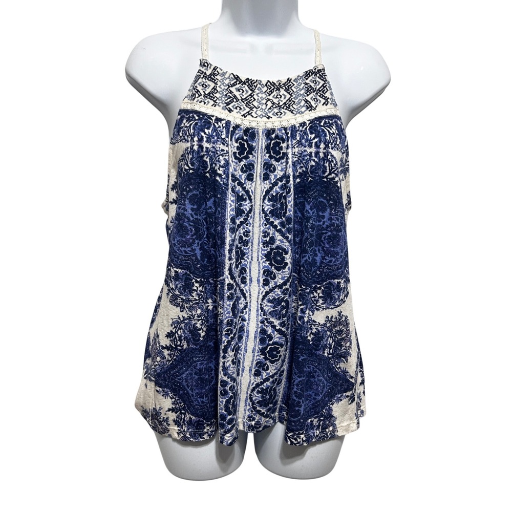 Lucky Brand Womens Boho Festival Top S‎ Blue Paisley Crochet Halter Indie Sleaze